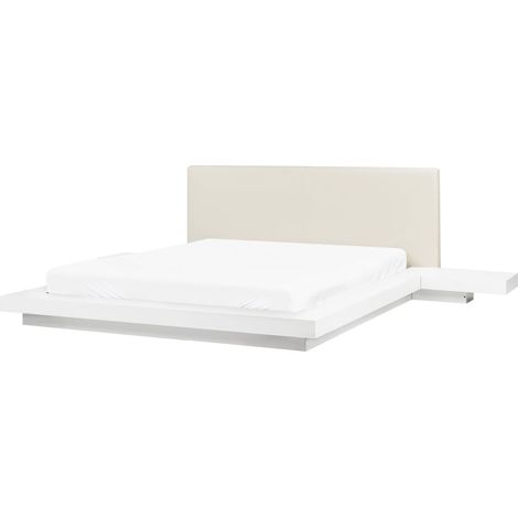 Lit Double à Eau 160x200 cm en MDF Blanc à Tables de Chevet et Cuir PU et Hévéa Zen (1/5)