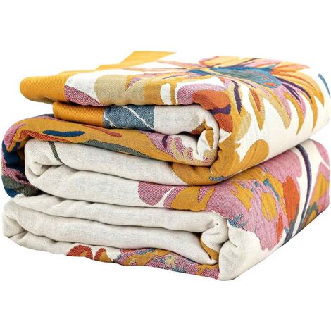 Plaid Boho - 200x230 cm - Coton Réversible Orange Bleu - Couvre-Lit Couvre-Fauteuil - 1 Pièce