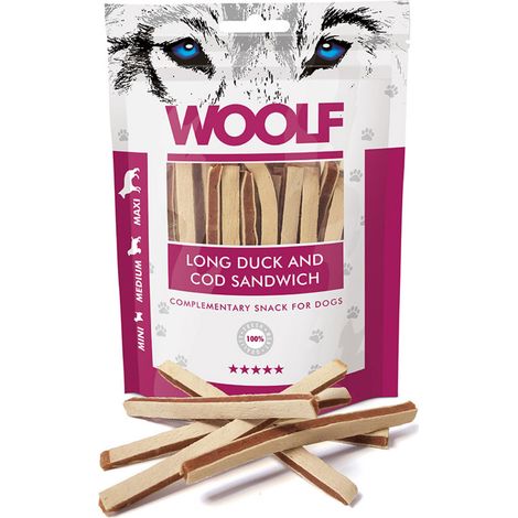 Friandises pour chiens Woolf, sandwich au canard et à la morue, 100 g (1/2)