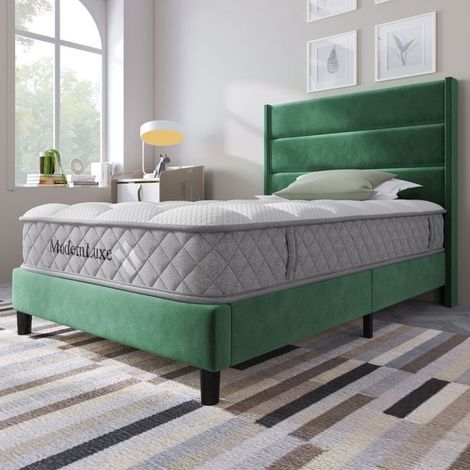 Lit capitonné 90x200, design moderne lit une personne, revêtement velours vert, matelas inclus, tête de lit rembourrée (1/5)