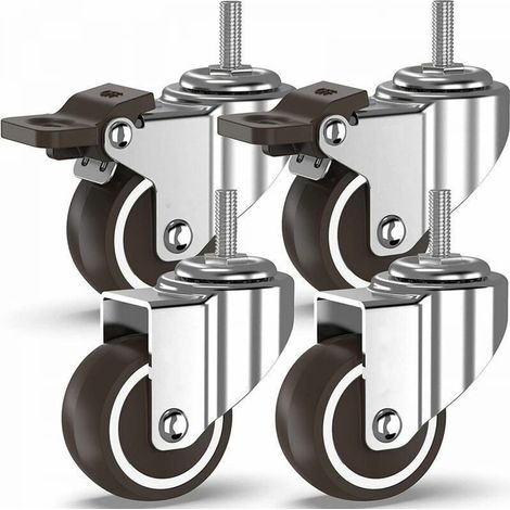 Roulettes pivotantes -4 à tiges filetées, roulettes pour meubles, roues à freins pour transport industriel de planches (50 mm avec tiges M10, 2 avec freins, 2 sans freins) (1/4)