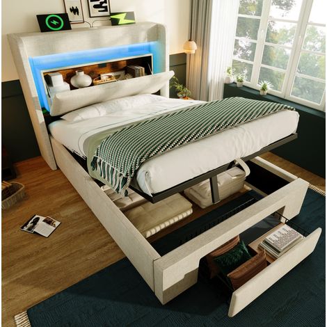 Lit coffre 90x200 cm en lin beige avec tiroir, LED, USB/USB-C et sommier à lattes inclus (1/5)