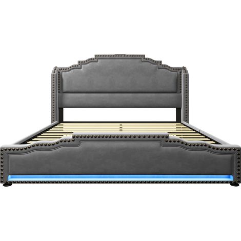 Cama tapizada 160x200 con 4 cajones, LED, USB-C y somier, terciopelo gris (1/5)