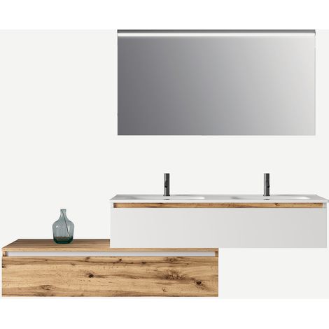 Mobile bagno sospeso doppio lavabo con specchio led 4 pezzi Astra - Rovere