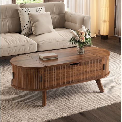 Table basse relevable 110x50x53,5 cm en MDF noyer, rangement intégré, pour salon – MEUBLIV (1/5)
