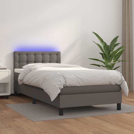 Cama box spring y colchón LED cuero sintético gris 90x190 cm (1/5)