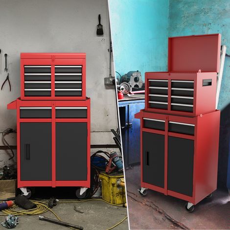 Servante Porte Outils 4 Tiroirs Armoire de Rangement Roues Verrouillables Garage Atelier Rouge Noir CW11035 (1/2)