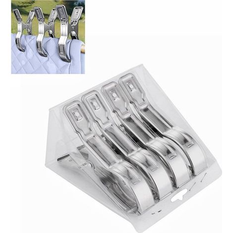 Lot de 4 pinces métalliques pour couverture de piscine - Grandes pinces coupe-vent pour serviettes et couvertures de plage - 14 x 2,3 x 9 cm - Argent (1/5)