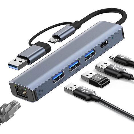Adaptateur USB-C vers Ethernet Gigabit RJ45 - 3 Ports USB 3.0, Adaptateur Réseau Compatible Windows, MAC, Linux, Chromebook (1/5)