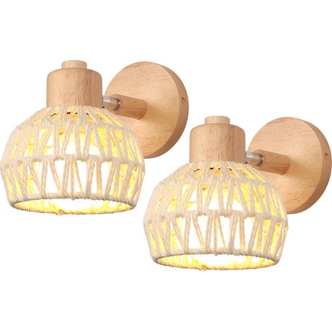 NORCKS 2X Lámpara De Pared Interior 15CM, Lámpara De Pared Ajustable Madera Y Ratán Lámpara De Pared Vintage Retro E27 Para Dormitorio Sala De Estar Blanco (1/5)