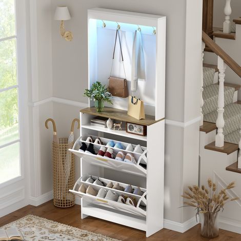 Armoire à chaussures fine blanche 70×24×180 cm, éclairage LED, 2 tiroirs pliables, crochets, gain de place pour couloir (1/5)