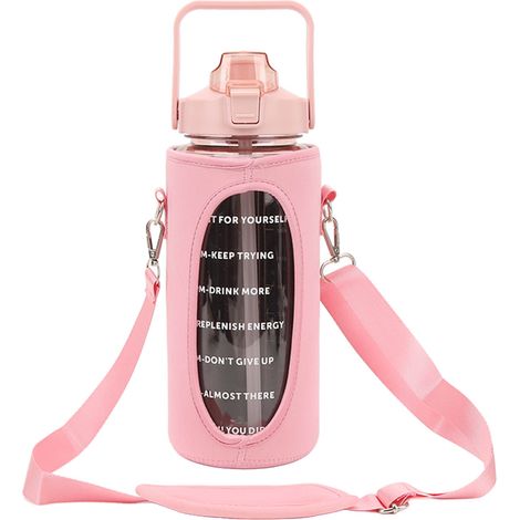 Gourde de sport portable 2000 ml extra grande, idéale pour la salle de sport, avec couvercle, poignée et dragonne (rose). (1/5)