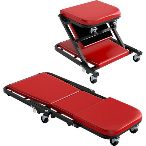 GOPLUS Chariot de Visite Pliable 2 en 1 Charge 150 KG, Tabouret Atelier 92 CM avec 6 roulettes Pivotantes à 360°, Chariot Mecanicien pour S'allonger ou S'asseoir, pour Atelier, Garage (Rouge) (1/5)