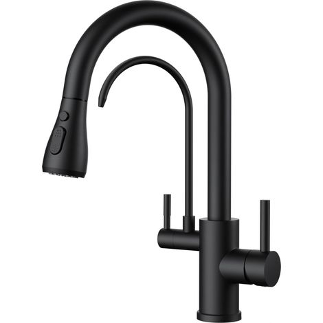 Robinet Cuisine, 3 Voies Mitigeur Cuisine, Robinet Evier pivotant à 360° avec robinet d'eau potable et douchette extractible, Mitigeur à double poignées, Noir Mat (1/5)