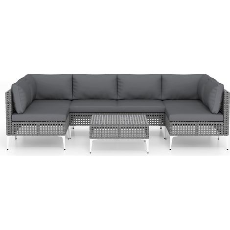 Sedie rattan patio tavolino caffè vetro temperato giardino set mobili esterno 7 pezzi cuscini grigio (1/3)