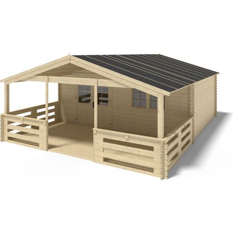 Abri de jardin en bois - 6x5 m + terrasse avec balustrade et avant-toit en bois - 48 m2