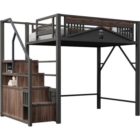 Letto a soppalco 140 x 200 cm in metallo nero con scala contenitore e ringhiera finestra MODENUIT (1/5)