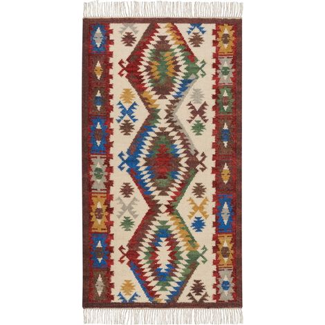 Tapis Kilim Multicolore en Laine 80 x 150 cm avec Frange Oriental Fait Main Arevik