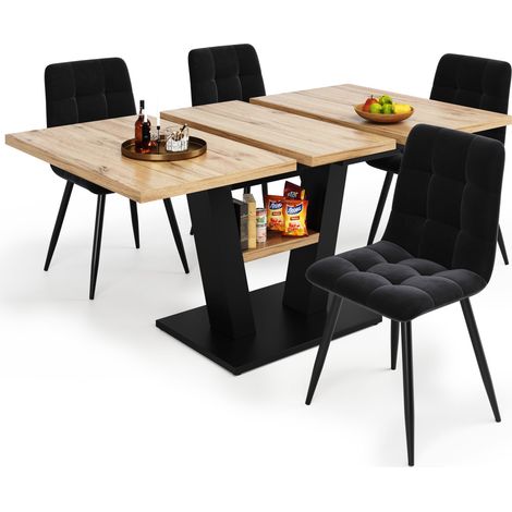 ELVMI Set Tavolo e Sedie con 1 Tavolo Allungabile e 4 Sedie, per Sala da Pranzo, MDF e Velluto, Nero e Naturale (1/5)