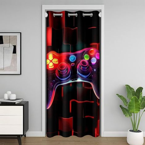 Rideau de Porte Enfant Gaming Rouge, Rideaux Occultant 132x203 Ado Garcon Gamer Chambre Gaming, Rideau de Placard Jeux Vidéo, Rideaux Intérieurs Carrée Géométrique Lumineuse Au Néon - 132L X 203H cm ( (1/5)
