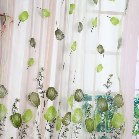 Voile de fenêtre imprimé tulipes 100x200cm, rideau sheer vert pour balcon, décoration légère et élégante (1/5)