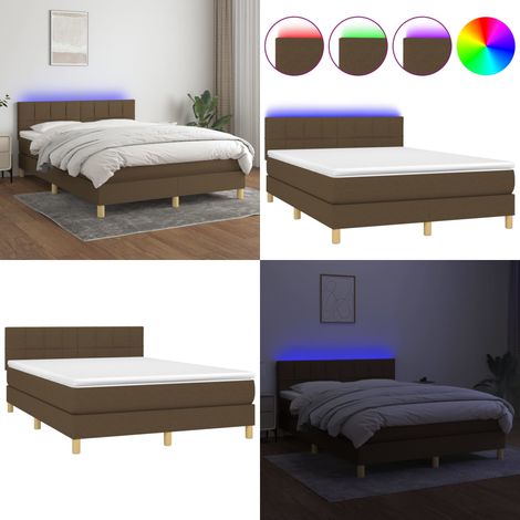 Sommier à lattes de lit matelas et LED Marron foncé 140x190 cm - Sommier Tapissier - Lit Plateforme - Lit Avec Led - Matelas À Ressorts Ensachés - Têtière Ajustable - Home & Living (1/5)