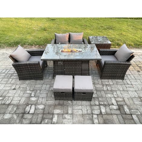 Fimous 6 Seater Outdoor Rattan Sofa Set Garden Furniture Gas Firepit Dining Table Heater with Side Table 2 Small Footstool Dark Grey Mixed (1/5)