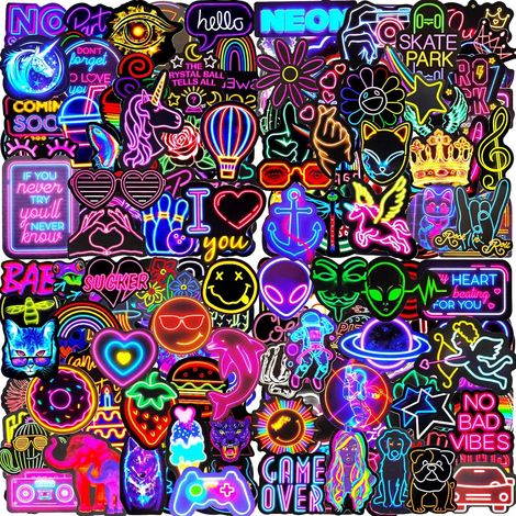 Autocollant 200 Pcs Stickers Neon, Imperméable Vinyle Autocollant pour Scrapbooking Gourde Valise Cahier Trottinette Classeur Journaling Ordinateur Portable Guitare Bouteille etc (1/5)