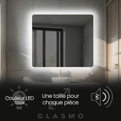 Miroir lumineux de salle de bain 80x90 cm Faye - Vertical Arrondi Moderne Miroir avec LED Illumination - Blanc Froid 7000 K avec Haut Parleur (1/5)