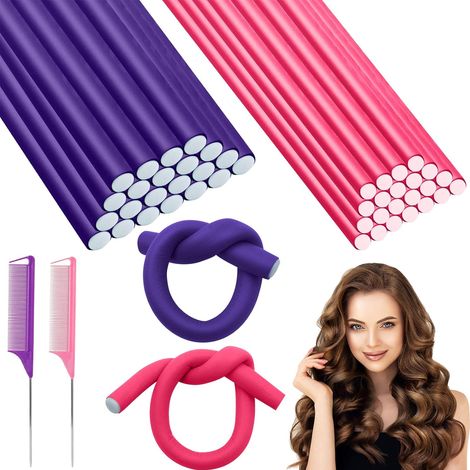 ZYNERY 40 Pièces Bigoudis Flexibles, Bigoudis de Cheveux, Tige de Curling Sans Chaleur et 2 Peignes en Acier, Curleurs en Mousse pour Curler et Coiffer le Cheveux (Violet, Rose) (1/5)