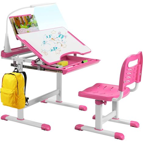 GOPLUS Set Scrivania e Sedia per Bambini, Altezza Regolabile, Scrivania con Tavola Inclinata, Leggio per Libri e Lampada LED, Design Ergonomico, Ideale per Studiare e Leggere (Rosa)