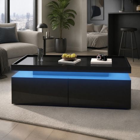 Mesa de centro LED 95 x 45 x 35 cm con 2 cajones, tablero lacado negro DESVIAE (1/5)