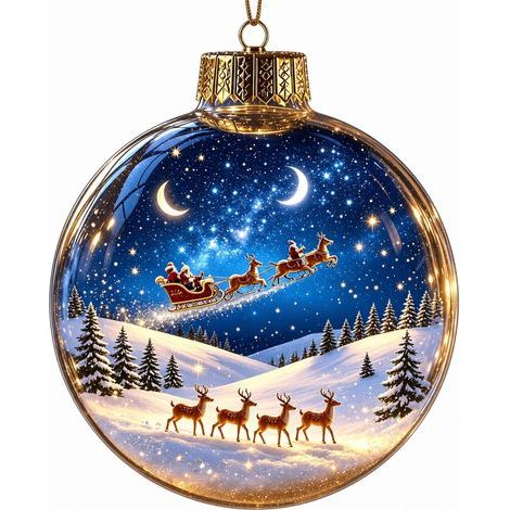 Boule à neige lumineuse en acrylique transparent, ornement de Noël 3D à suspendre au sapin, représentant le Père Noël et son traîneau de rennes. (1/5)