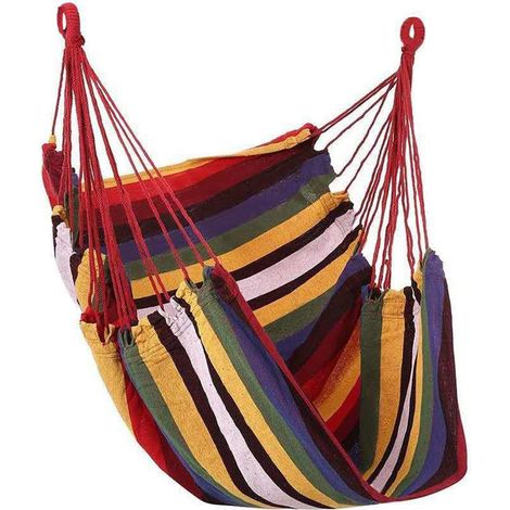Hanging Chair, 100 x 130 cm Canvas Outdoor Hammock Hanging Chair, Colourful Stripes, Portable Folding Swing Chair with Wide Seat, for Garden (1/5)