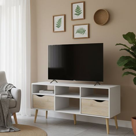 Dmora Meuble TV à deux tiroirs, coloris blanc et chêne, 117 x 57 x 39 cm (1/5)