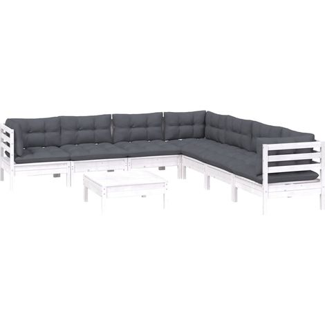 vidaXL Set Divani da Giardino 8 pz con Cuscini Bianchi Legno di Pino (1/4)