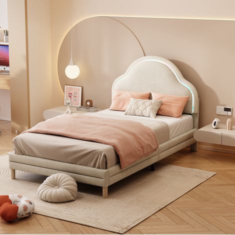 MEUBLIV Bett 90x200 cm Beige – Wolken-Kopfteil mit LED, ohne Matratze (1/5)