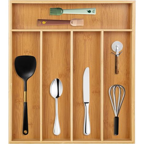 Bac à couverts portatif 5 compartiments porte - couverts diviseur de tiroir en bois pour rangement de l'argenterie, des couverts, des couteaux dans la cuisine, la chambre à coucher, le salon (1/5)