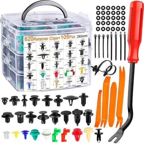 925 pièces de Rivet Clips Plastique, Ensemble de 26 Tailles Universelles avec Outils de Démontage et Boîtier de Rangement, Clips de Fixation pour Pare-chocs, Portes, Ailes et Carrosserie (1/5)