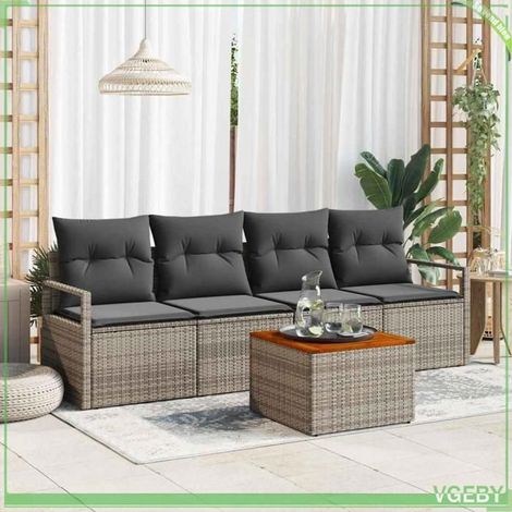 Ensemble de canapé de jardin - FAFEICY - Modulaire - Gris - Polyrotin & bois d'acacia - Rangement étanche (1/5)