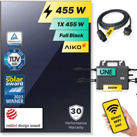 ROBINSUN®️ Kit Solar Enchufable Performance Basic (Sin Fijación) 455Wp, 1 panel Aiko 455Wp + 1 Microinversor 800W con Wifi incluído + Cable 3m (1/5)