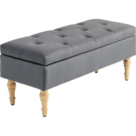 Banc coffre de rangement velours gris foncé banquette 2 en 1 couvercle capitonné pieds bois