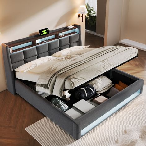 Bett Doppelbett Stauraum 160x200 mit LED USB OKMYHOME
