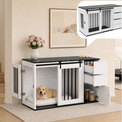 MODFU – Caisse chien 2-en-1 140x60x87 cm – Portes coulissantes – Tiroirs – MDF blanc – Blanc (1/5)