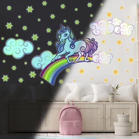 Sticker phosphorescent lumineux - LICORNE SUR ARC-EN-CIEL - Autocollant mural plafond enfant fluorescent - 30x40cm (1/5)