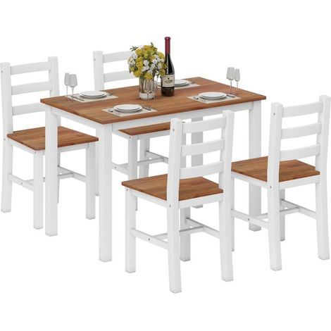 Conjunto de comedor, mesa de comedor y 4 sillas, fabricado en madera de pino, tonos marrón y blanco (1/5)
