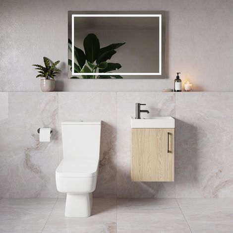 Napoli Cube Light Oak 400mm Single Door Wall Mounted Vanity Unit and Toilet Suite with Align Basin - 400mm - Gunmetal Grey 160mm Handle