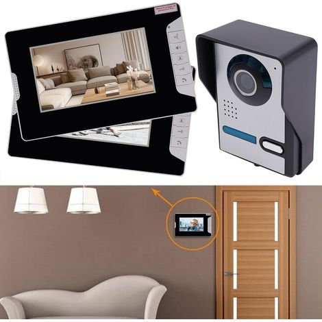 Interphone vidéo avec sonnette, interphone avec 7 pouces, 2 moniteurs, 1 caméra pour maison individuelle, vision nocturne par caméra couleur IR TFT-LCD, fonction de commande de verrouillage électrique (1/5)