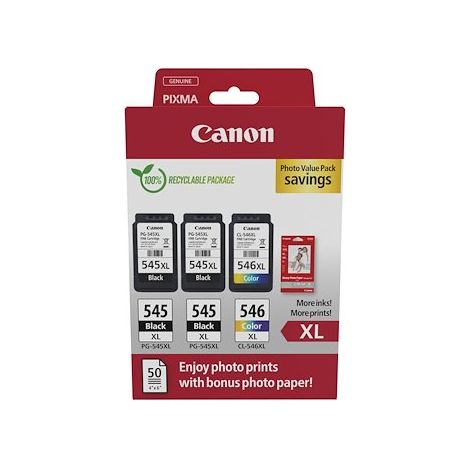 Canon PG-545 XL - CL-546XL Pack cartouches haute capacité 2 noirs + 1 couleur + papier photo pour imprimante jet d'encre (1/2)