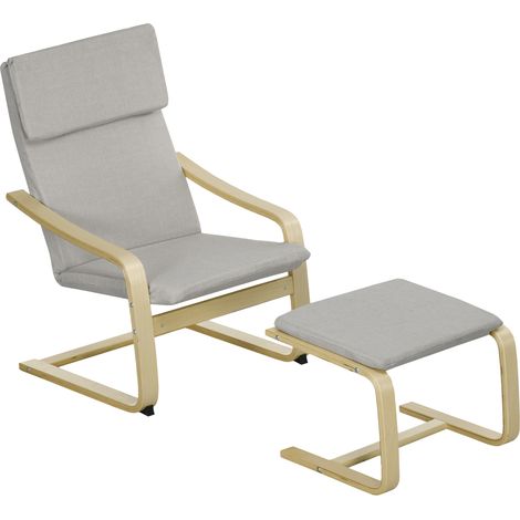 Canapé lounge avec repose-pieds, revêtement aspect lin, structure en bois, charge max 120 kg, gris clair/naturel (1/5)